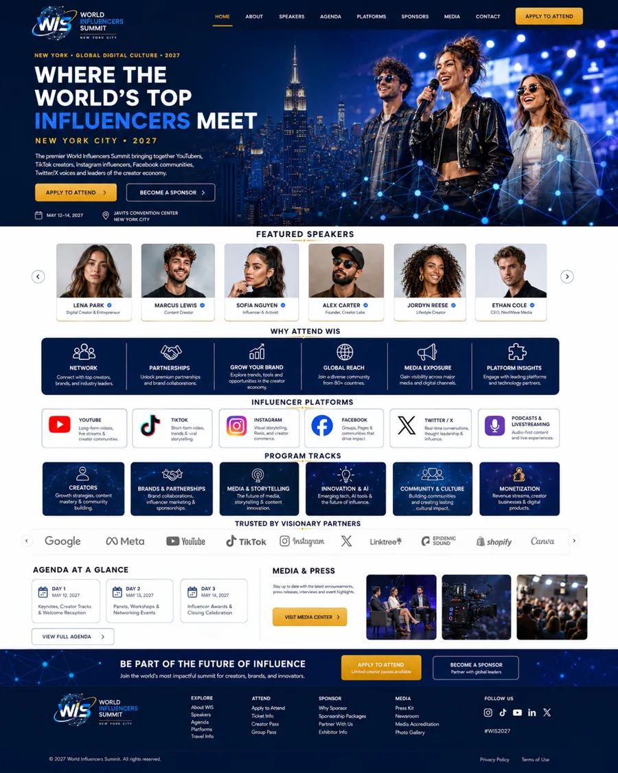 World Influencers Summit 2027 homepage design preview for New York Influencers Summit